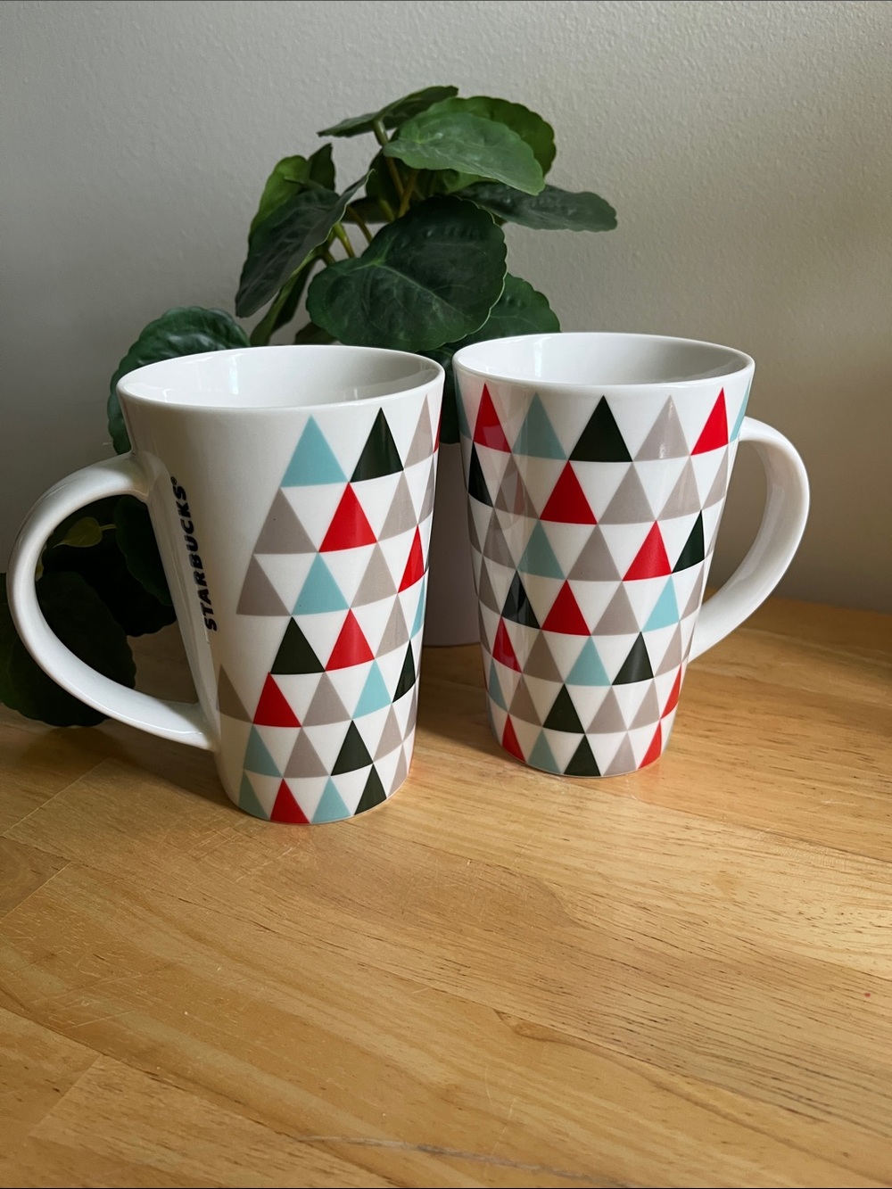Starbucks White Mug (pair) with Red, Blue, Green, Gray Triangle Pattern, 12 oz